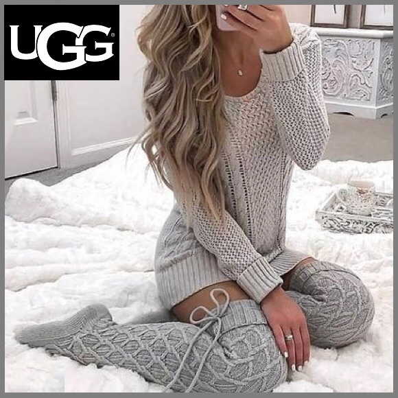 UGG Cable Pom Pom Over Knee Thigh High Socks Boot Cozy Warm Pink Silver Fall New - Picture 6 of 6